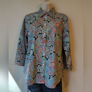 Chaps Woman PL Shirt Paisley Button Up Long Sleeve Blue